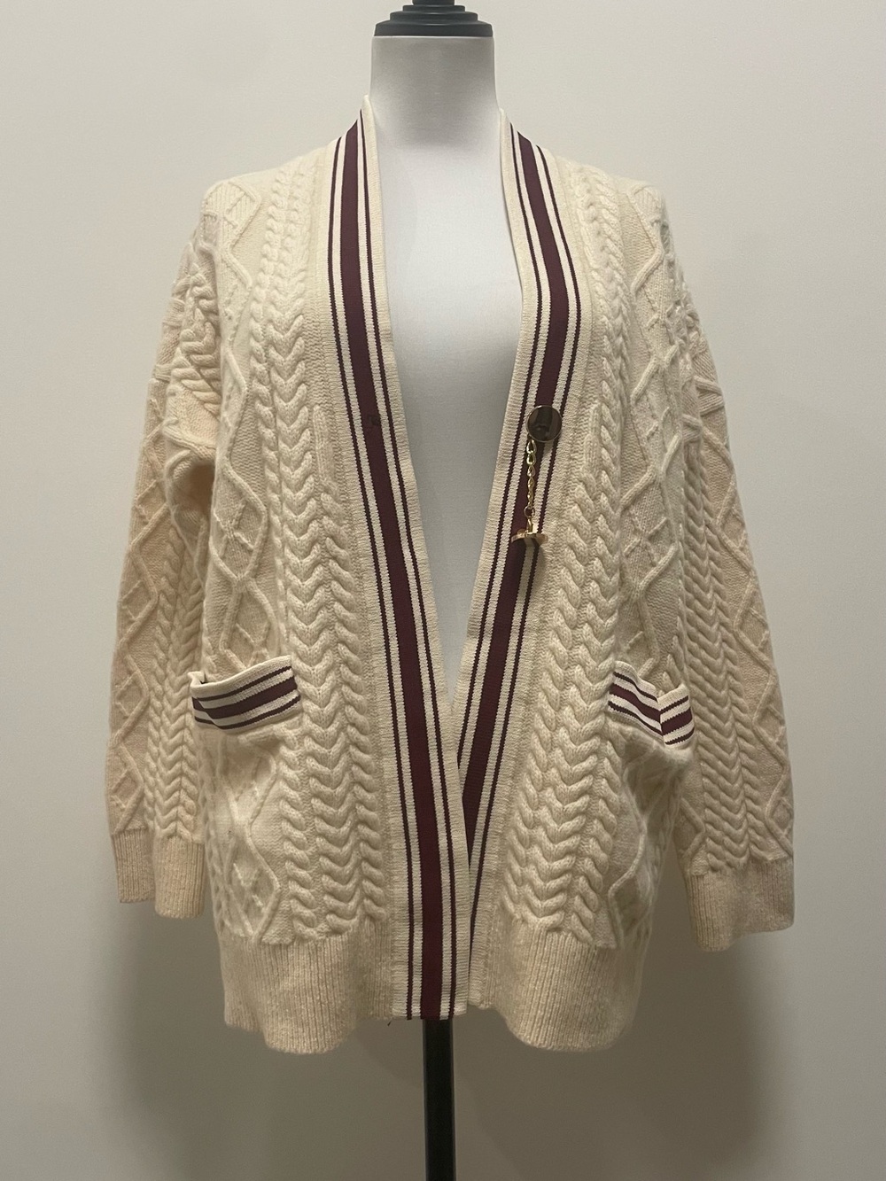 Sandro Cream Cable-Knit Cardigan with Burgundy Stripe Trim and Gold Chain Button